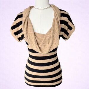 Y2K Express Tan Black Striped Cowl Neck Sweater Top